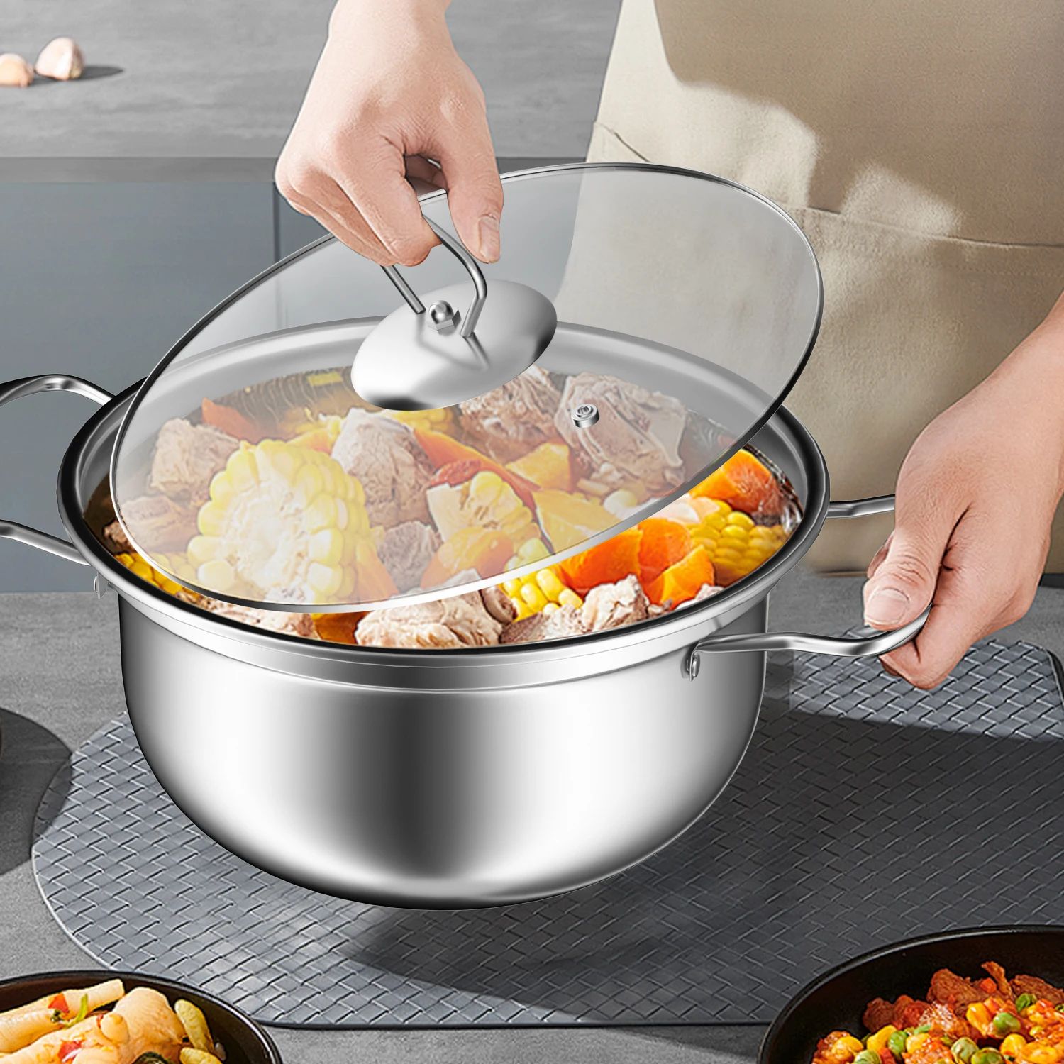 15 Pcs Stainless Steel Cookware Set – Nonstick Pots & Pans with Frying Pan, Wok & Stew Pot, Durable Kitchen Set