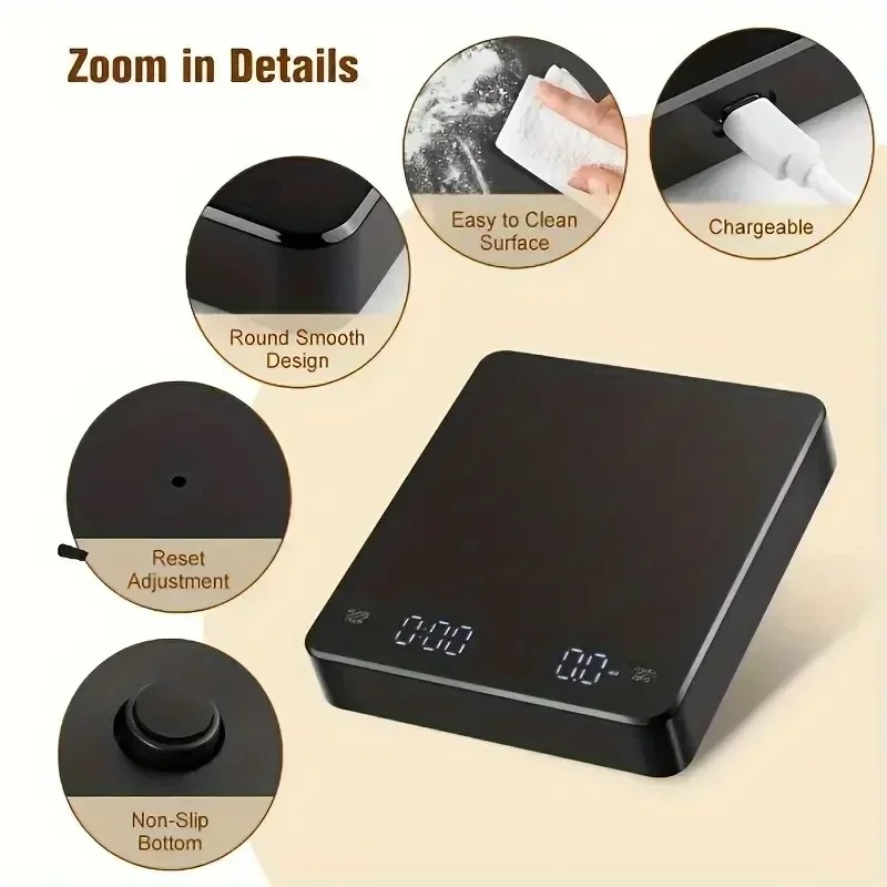 Digital Coffee Scale with Timer, Rechargeable USB, LED Screen, High Precision for Kitchen & Espresso Machines