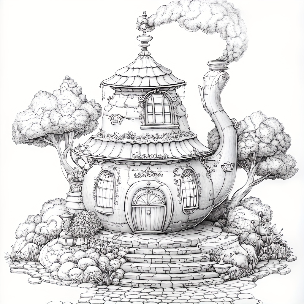 Dreamy Teapot House Coloring Book for Adult, Premium Drawing Supplies, Unique Birthday Party Gift