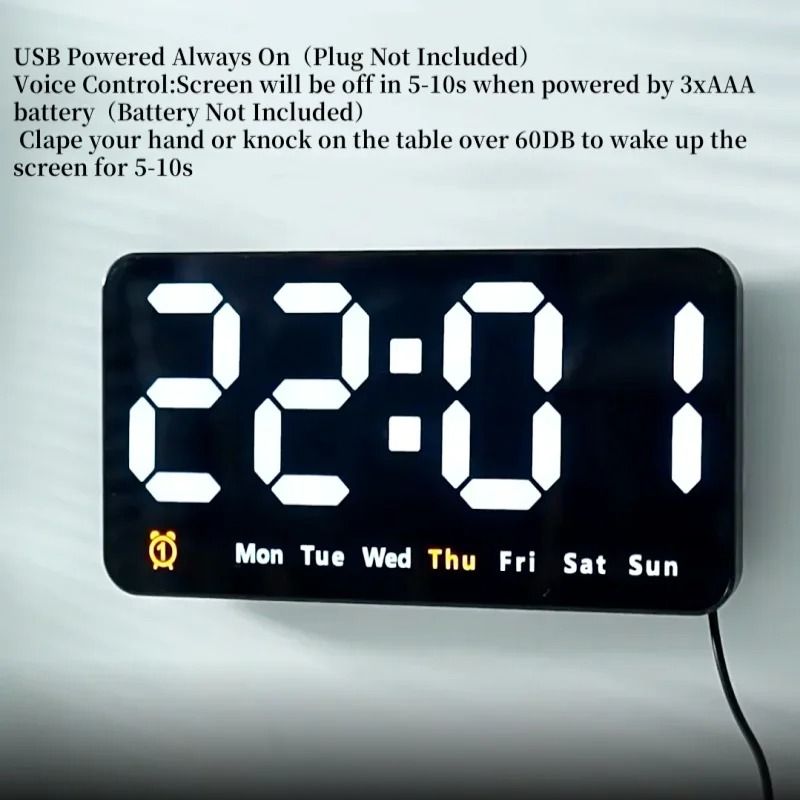 Voice Control Digital Wall Clock Large LED Display with Temperature and Dual Alarm