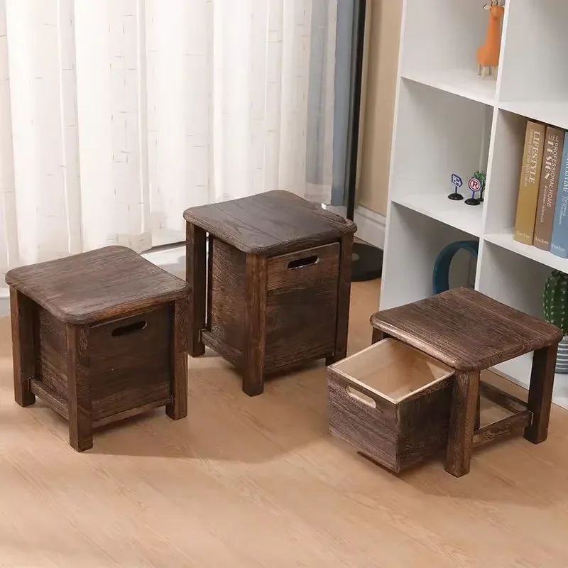Nordic Solid Wood Storage Stool with Drawer – Square Entryway Shoe Bench & Bedside Table