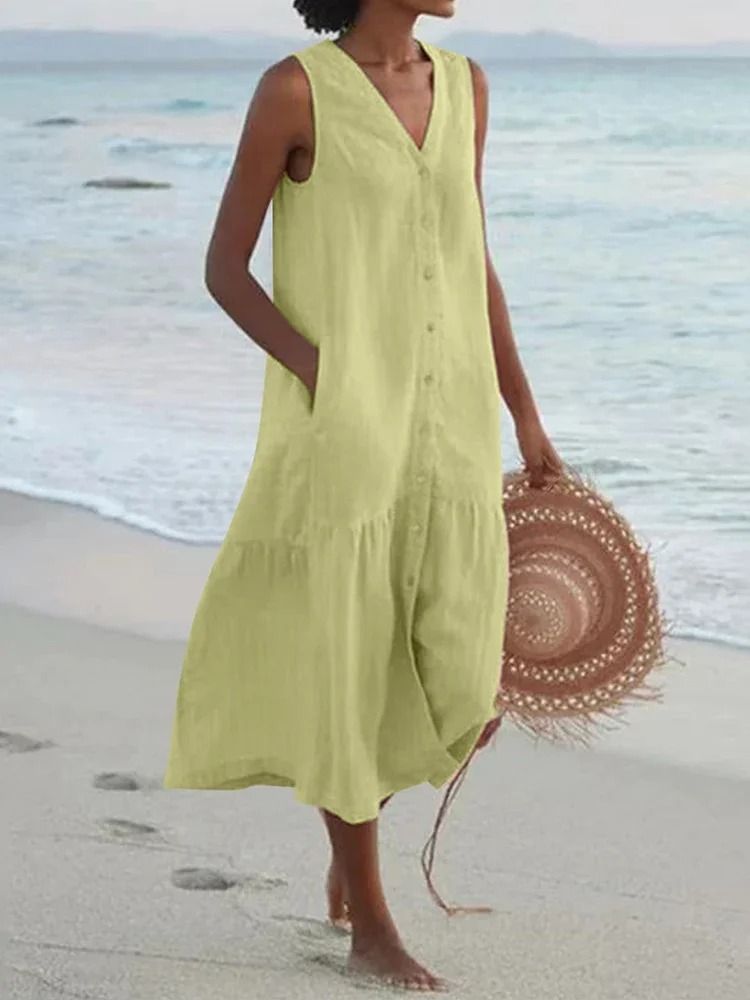 Women Summer Cotton Linen Patchwork Midi Dress with Pockets