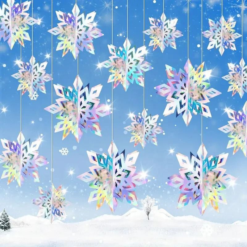 6-Piece Iridescent 3D Hanging Snowflake Set – Rainbow Twinkle Large Ornaments for Festive Decor