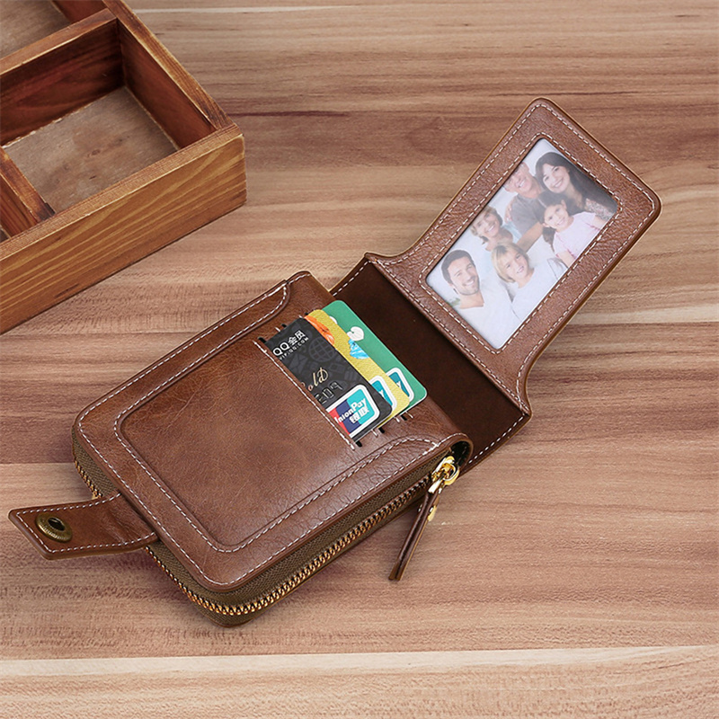 Solid Color Men's Wallet, Vintage PU Leather Short Purse, Durable Zipper Hasp Wallet