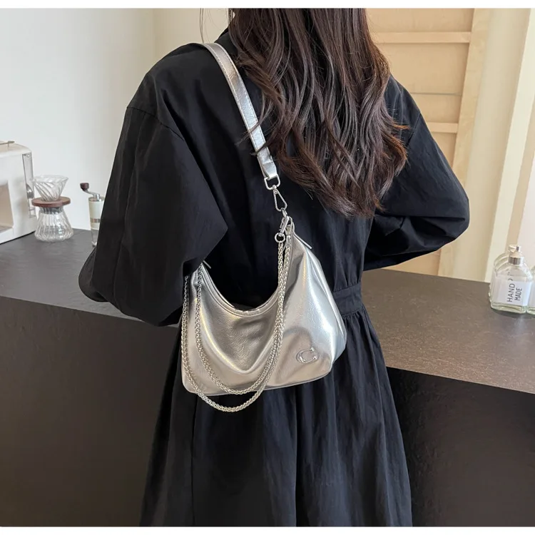 Chic Patent Leather Shoulder Bag for Women Summer Underarm Crossbody Bag with Chain Soft Square Shape