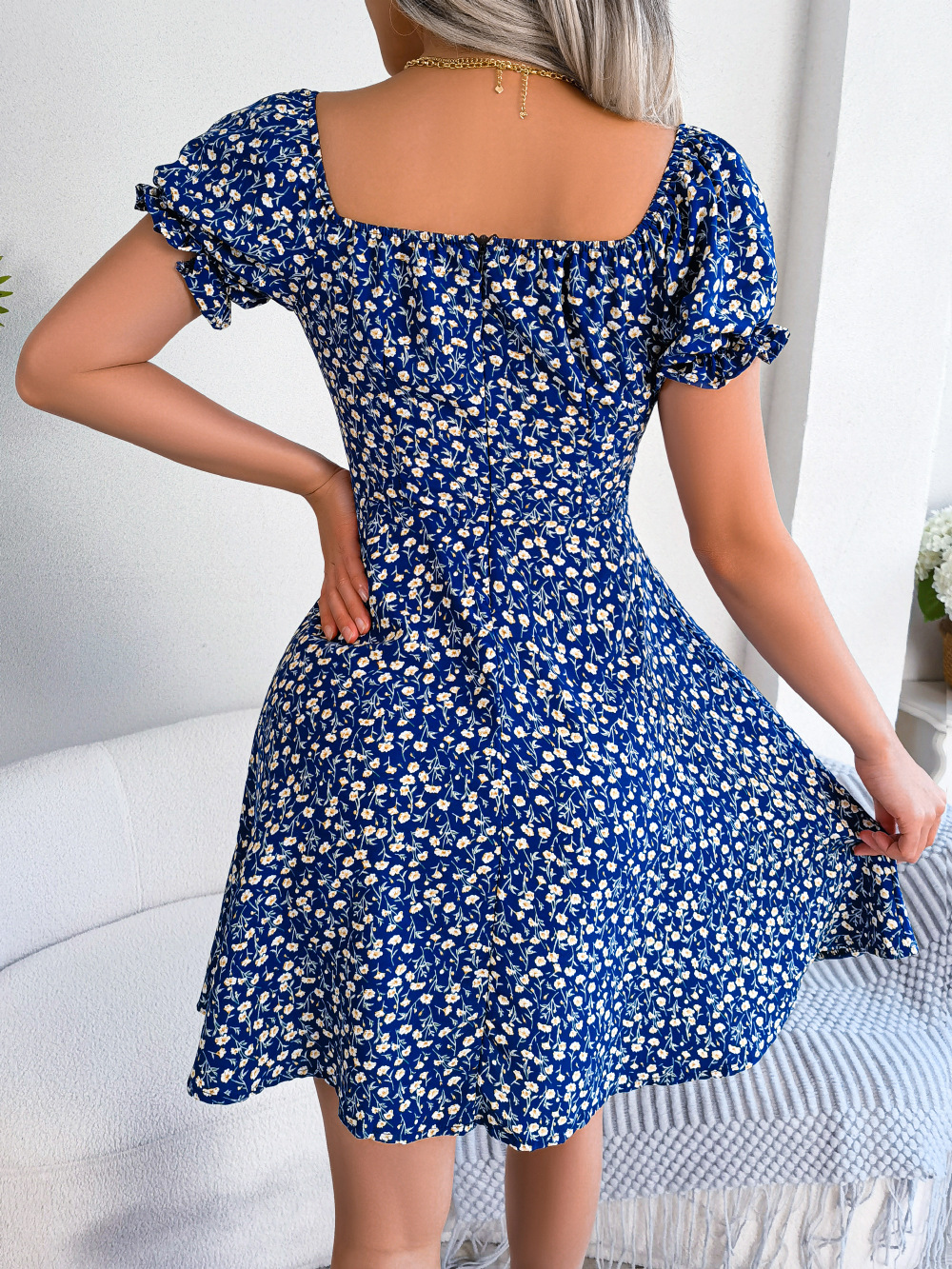 Women Casual Flare Sleeves Drawstring Lace Up Spring Summer Square Collar Floral Ruffles Mini Dress, A Line Dress