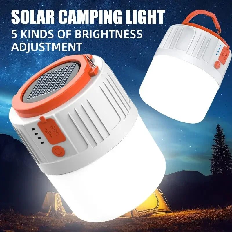 USB Rechargeable Solar Camping Light Bulb, 6 Lighting Modes, Hanging Outdoor Lamp for BBQ, Tent, Emergency Lighting