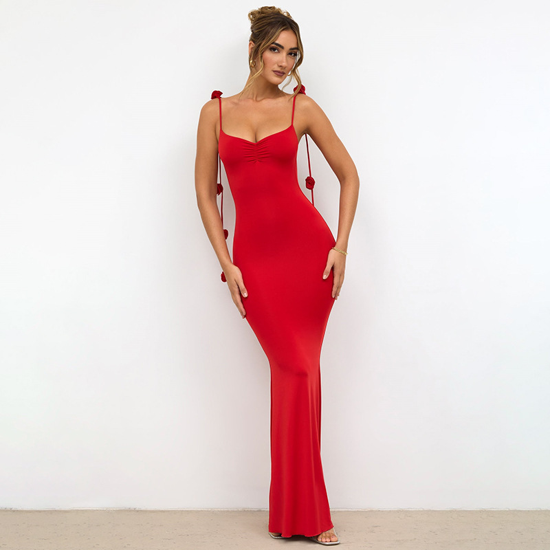Elegant Solid Color 3D Flower Summer Women Long Dresses, Sleeveless Decorated Straps Neck Wrap Maxi Party Dress