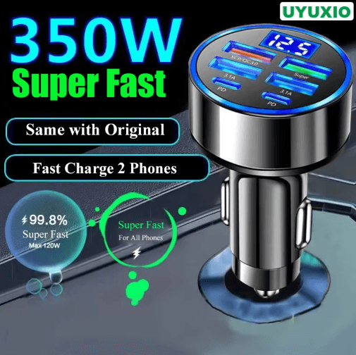 UYUXIO 6-in-1 USB-C Car Charger with Voltage Display – Super Fast PD Charging Adapter