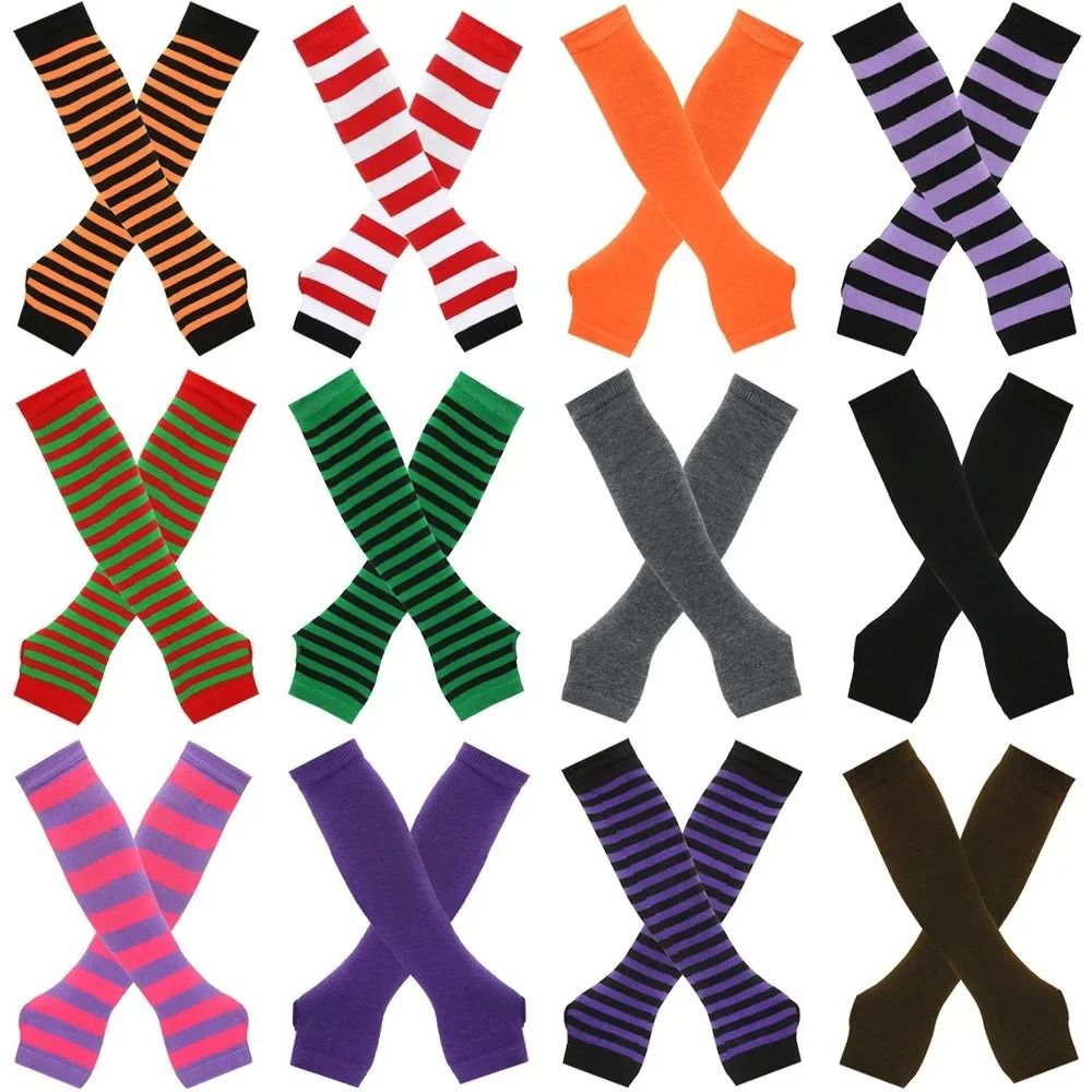 Warmer Knitted Long Fingerless Gloves Lady Striped Elbow Mittens