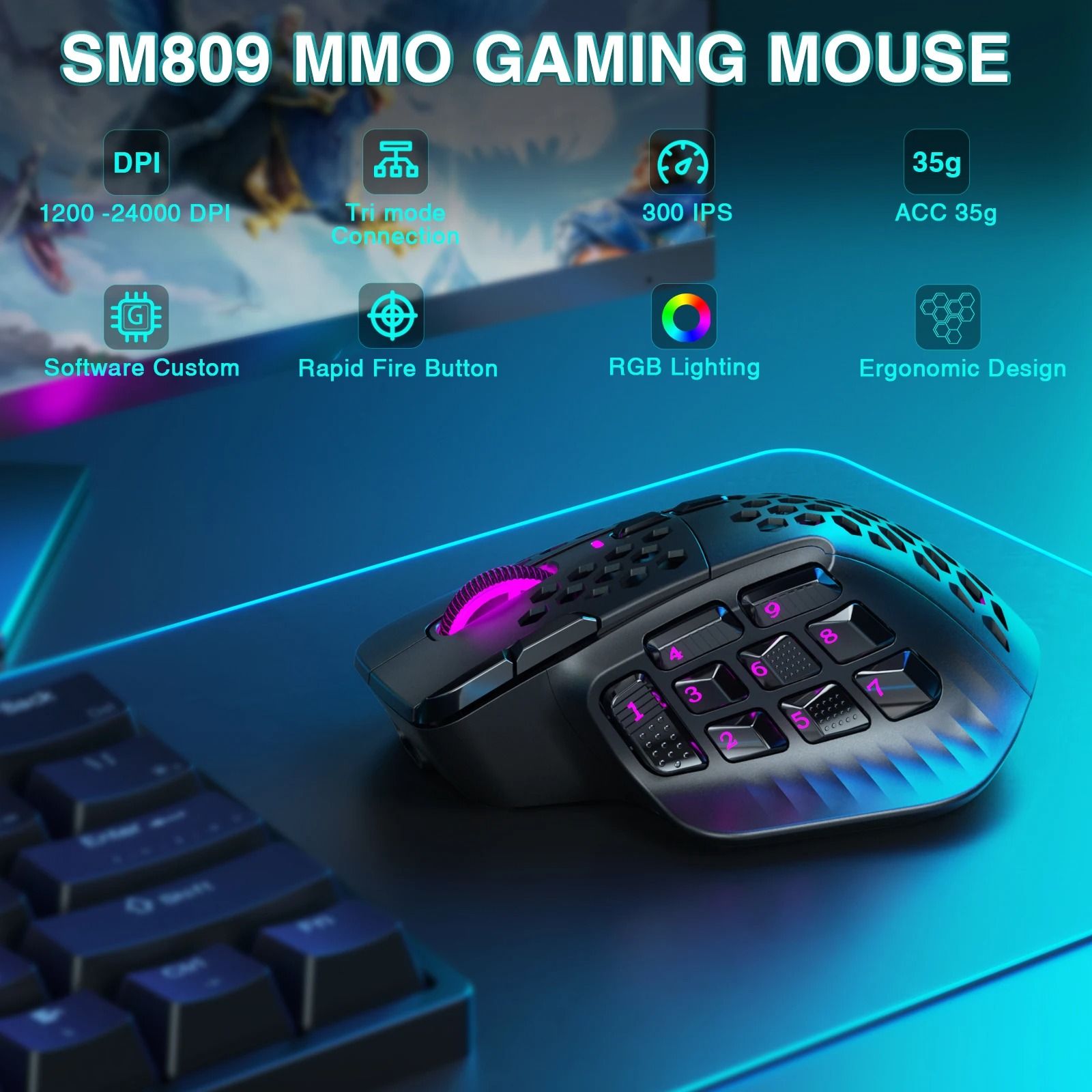 SOLAKAKA SM809 Pro Wireless MMO Gaming Mouse PAW3311 with 16 Programmable Buttons