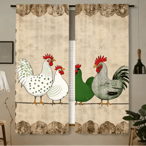 2-Piece Cafe Curtains Kitchen Window Retro Polka Dot Chicken Print Panels