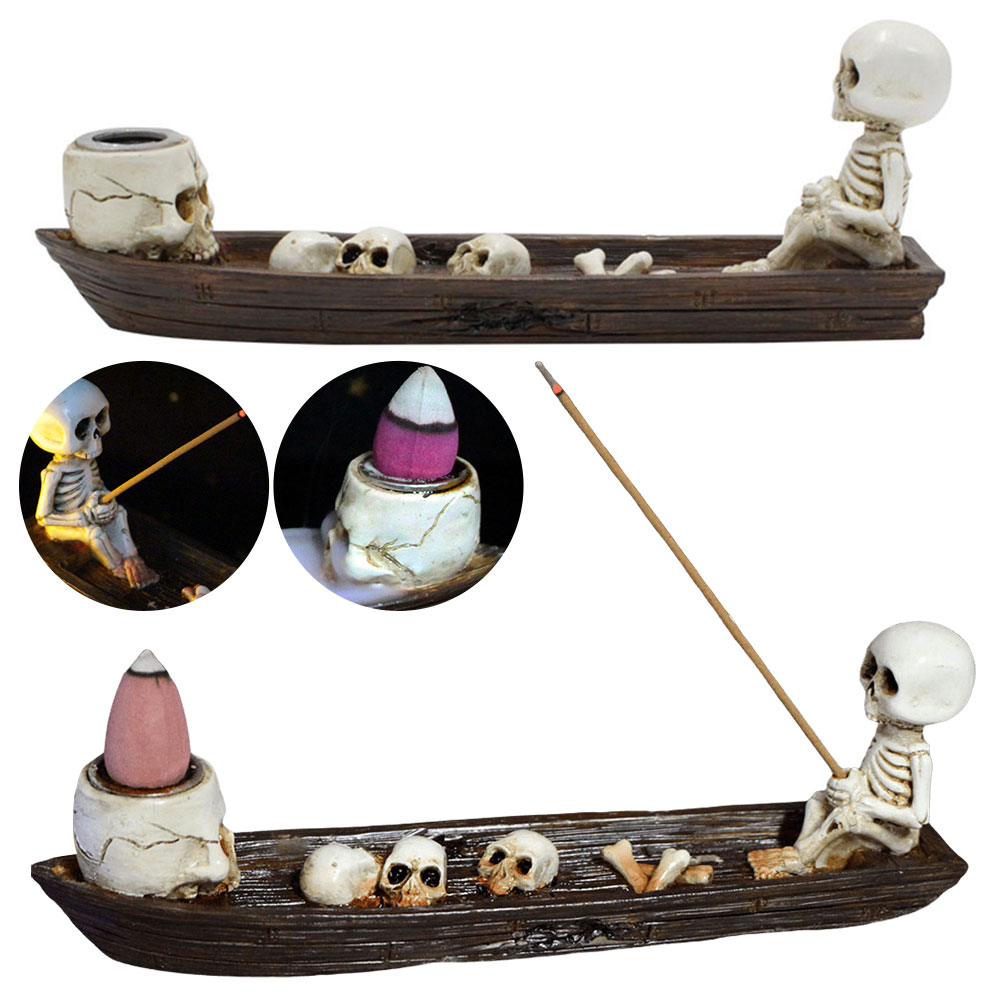 Skull Boat Incense Holder Ghost Fishing Boat Incense Burner, Creative Skeleton Statue for Study Room Meditation