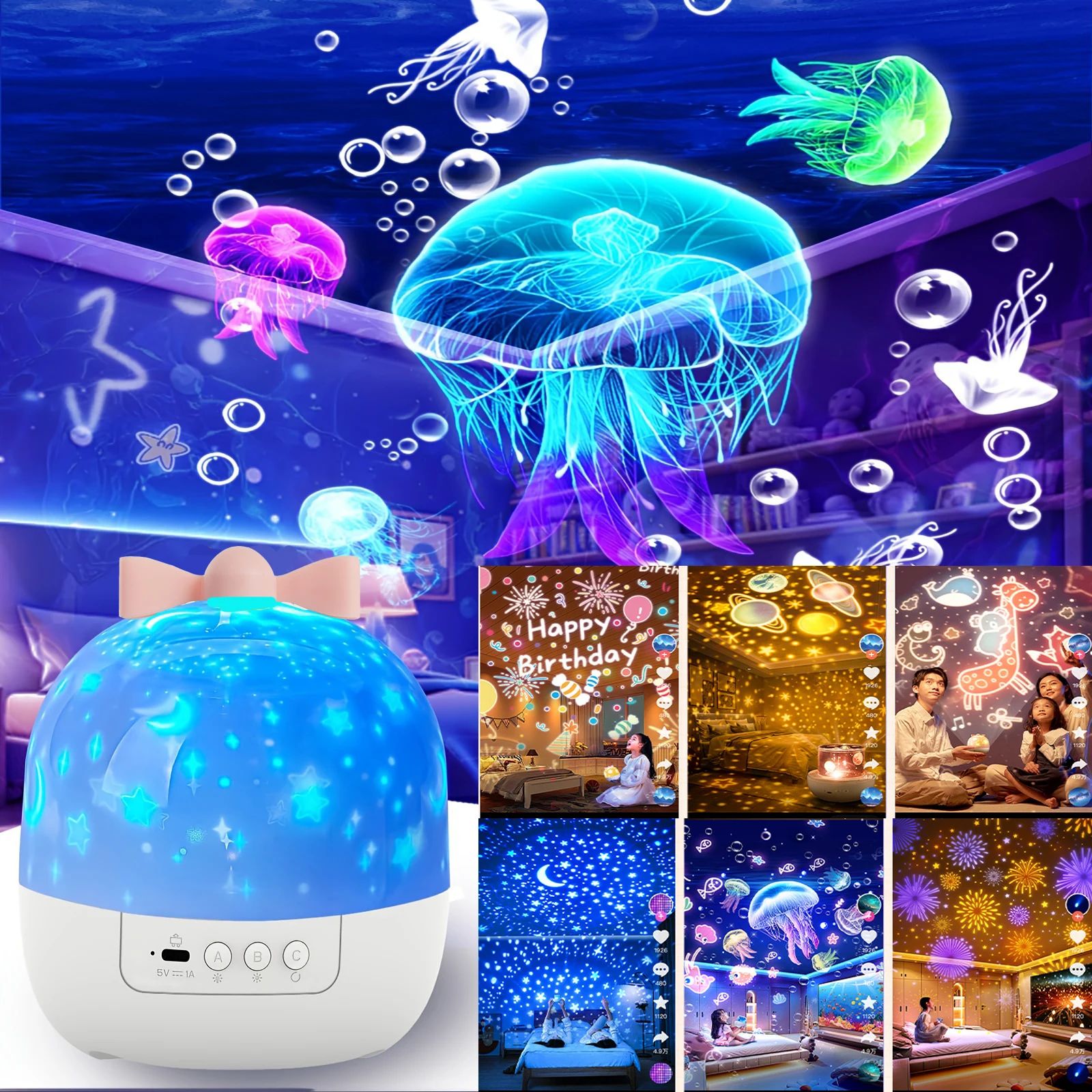 Rotating Star Projector Night Light Rechargeable Bedroom Lamp with Film Sheets for Kids and Home Atmosphere