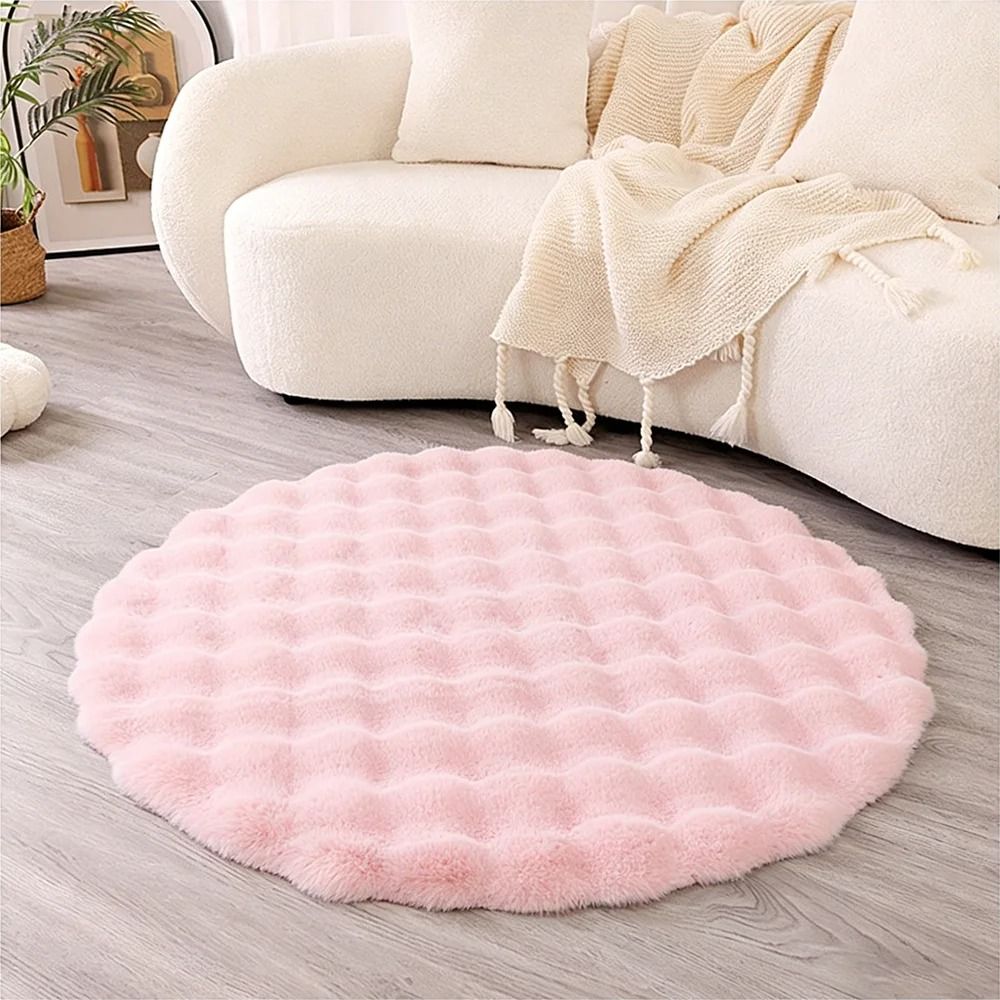 Premium Faux Rabbit Fur Bubble Carpet | Round Ultra-Soft Living Room Rug & Kids' Bedroom Game Cushion