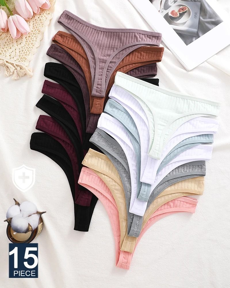 Womens Cotton Thong And Brief Underwear Set Breathable Soft Everyday Lingerie Fifteen Piece Set