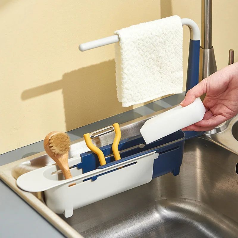 ExtendoSink Telescopic Sink Organizer Rack – Adjustable Soap Sponge Holder with Drain Basket & Towel Hanger