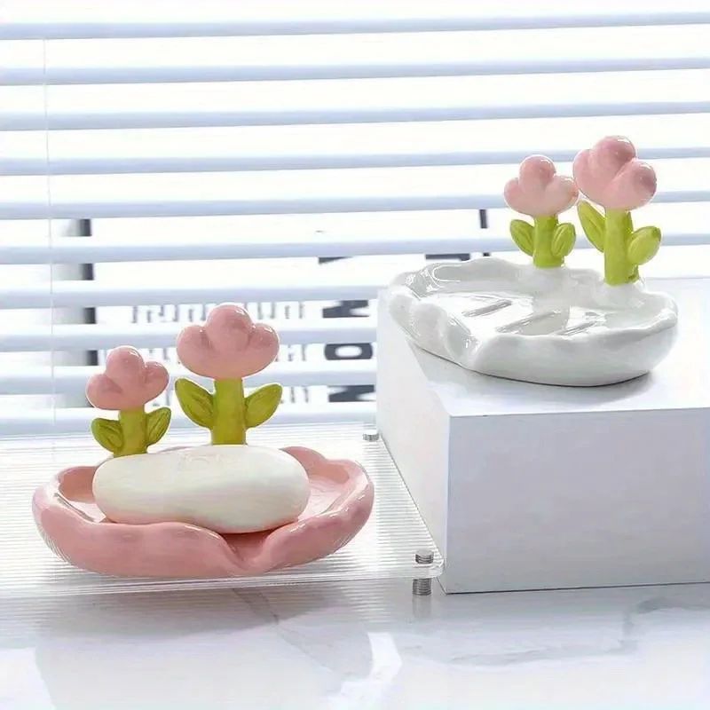 Floral Self-Draining Soap Dish – No-Drill Wall Mounted Soap Holder for Bathroom & Kitchen