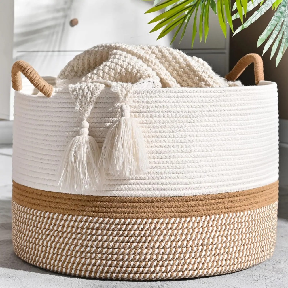 Cotton Rope Storage Basket for Blankets, Baby Laundry Hamper, and Living Room Organization
