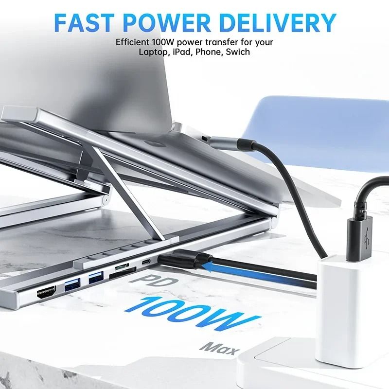 Universal Laptop Stand with Integrated USB-C Hub | HDMI 4K, SD/TF Reader & PD Charging