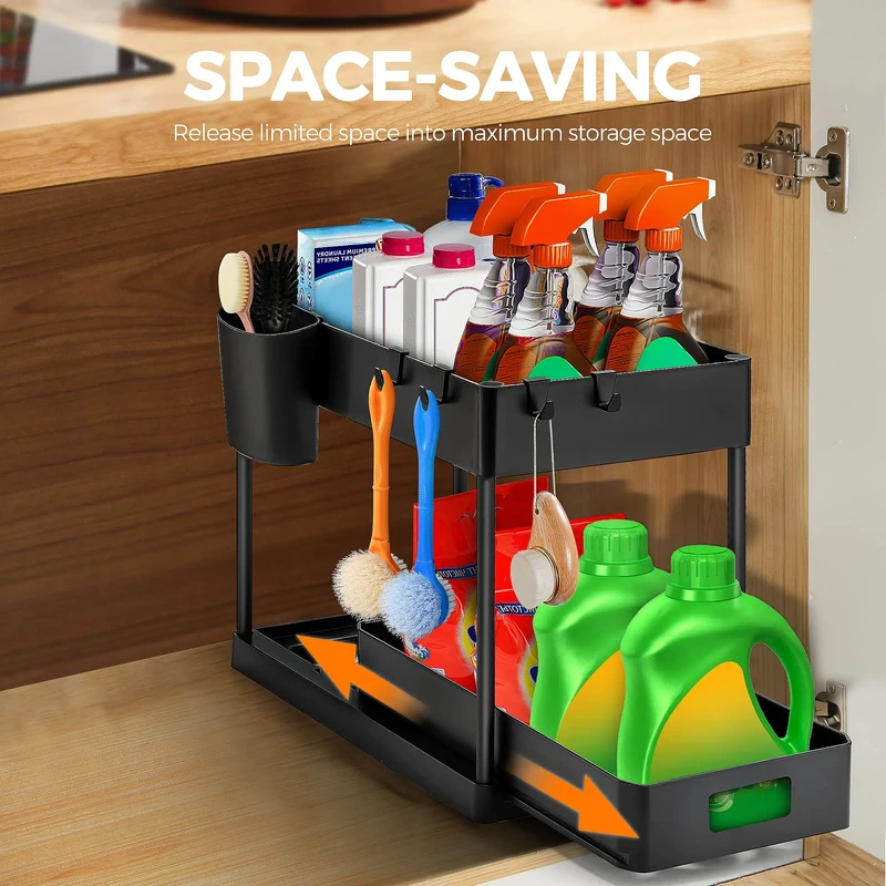Under Sink Organizer and Storage, Double Sliding Cabinet Drawers, Multi Purpose Storage Shelf, Kitchen Organization Rack
