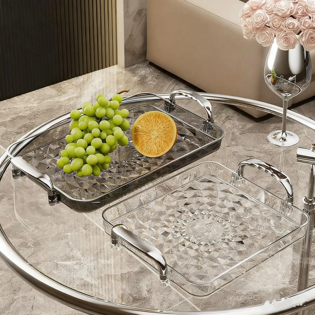 Transparent Plastic Serving Tray with Double Handles Decorative Storage Tray