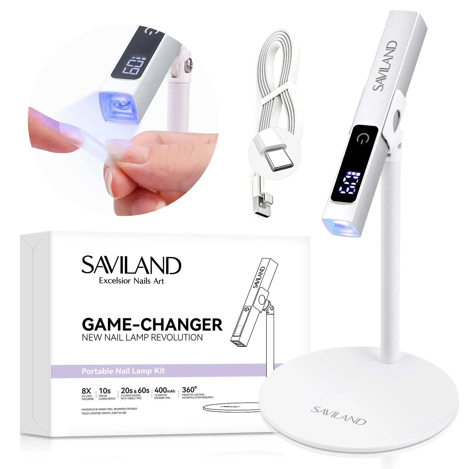 SAVILAND Rechargeable UV LED Nail Lamp with Magnetic Stand and LCD Timer