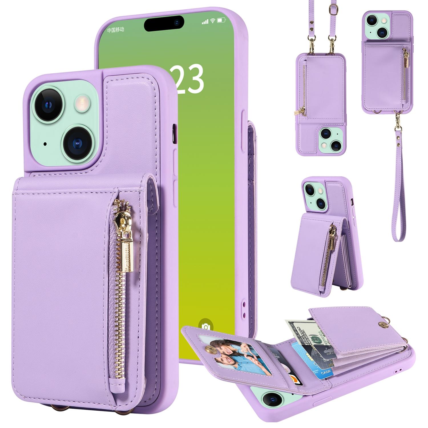 Leather Crossbody iPhone Wallet Case with Zipper Pocket & Lanyard Strap