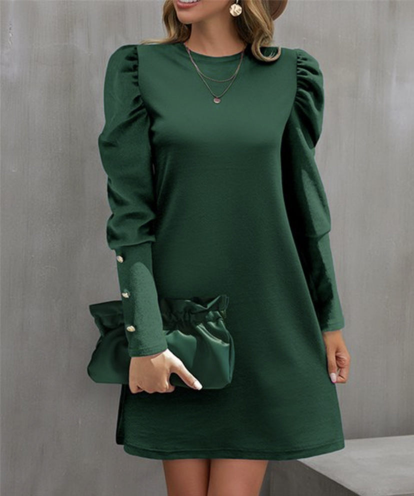 Spring and Autumn Round Neck Bubble Sleeve Dress, Button Decorative Long Sleeve Dress for Women Elegant Daily Wear