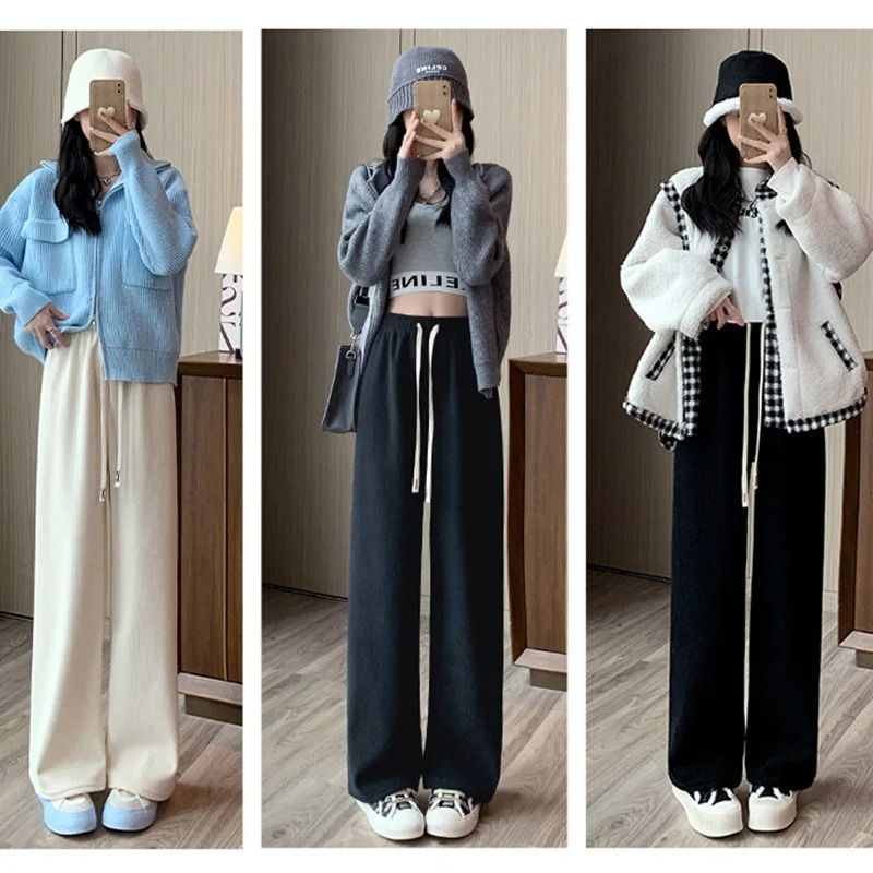 Womens Fleece Wide Leg Pants Warm Elastic Waist Winter Trousers Casual Loose Straight Leg Pants