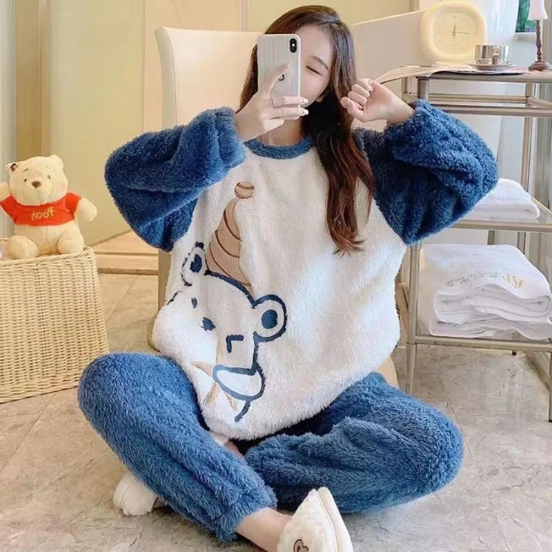 Autumn Winter Cute Cartoon Bear Padded Nightwear, Thickened Warm Flannel Women Sleepwear, Coral Velvet Pajamas, Casual