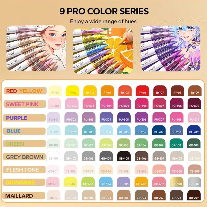 9-Piece Acrylic Brush Marker Set – Professional Ink Control Art Pens for Painting & Sketching