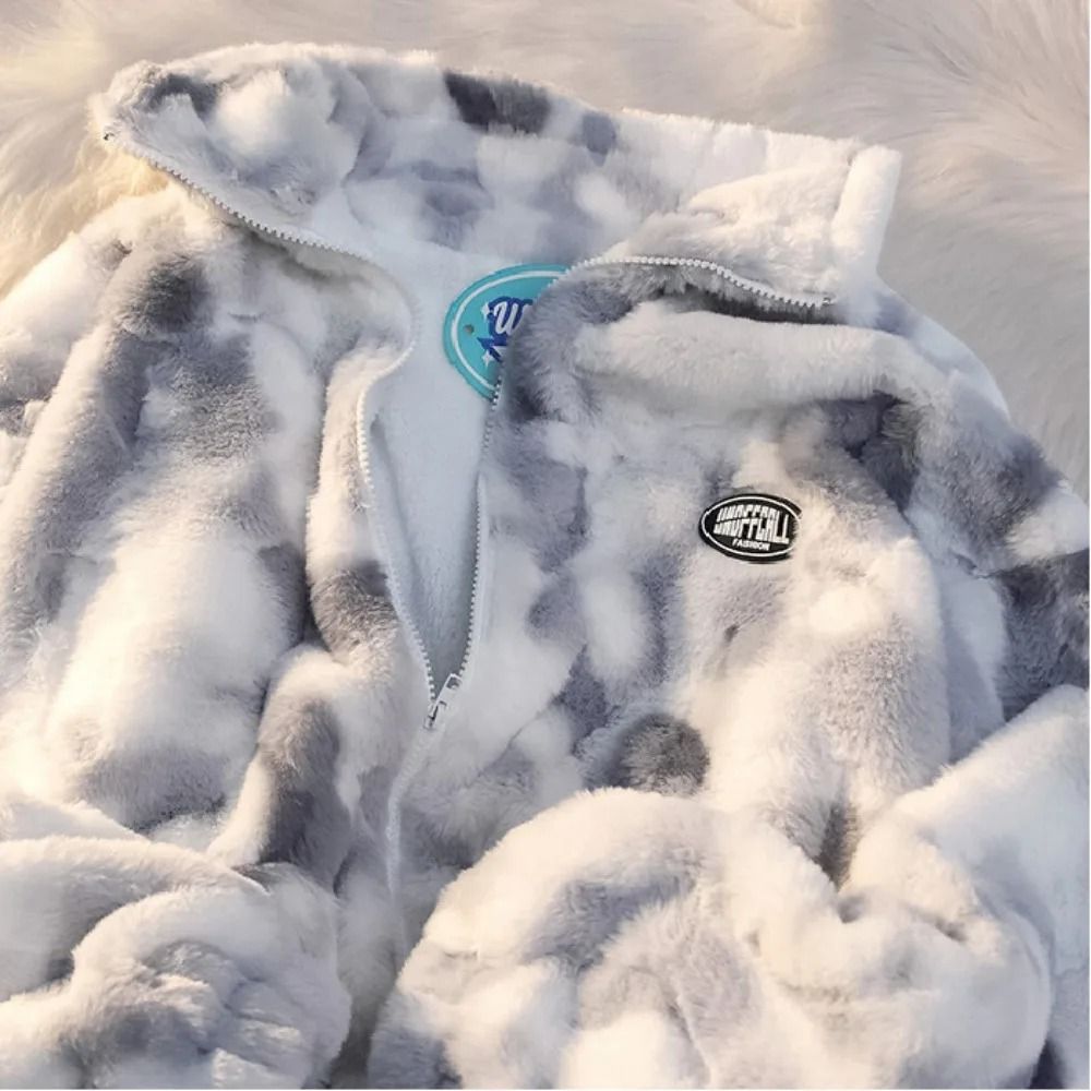 Trendy Tie Dye Fleece Jacket Womens Plush Lamb Wool Zip Up Winter Coat