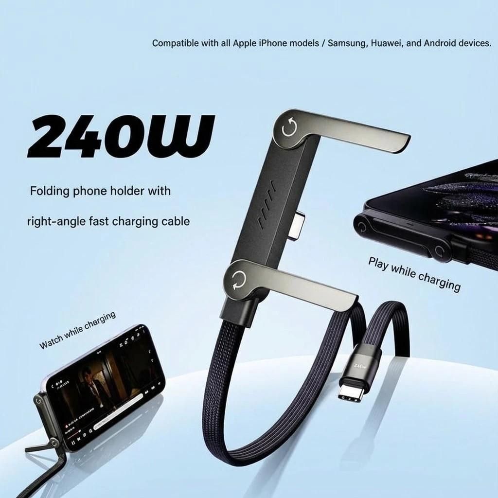 240W Fast Charging Cable with Foldable Phone Holder 2 in 1 Stand