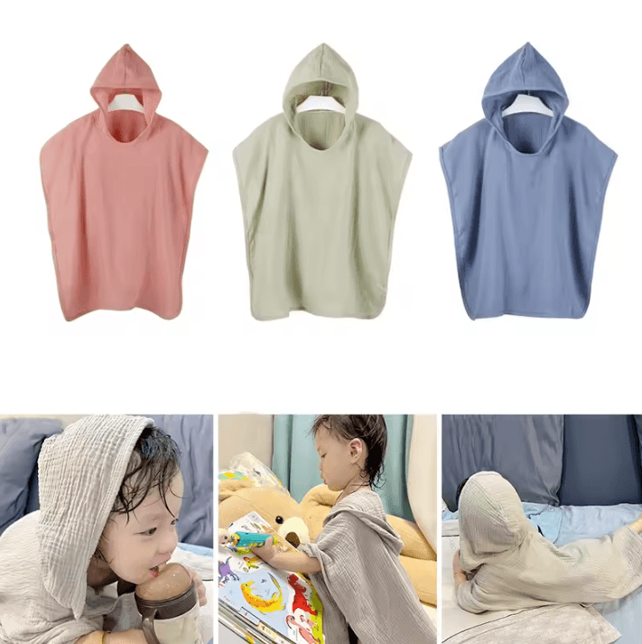 Soft Cotton Gauze Baby Hooded Bath Towel Poncho for Cozy Drying & Comfort