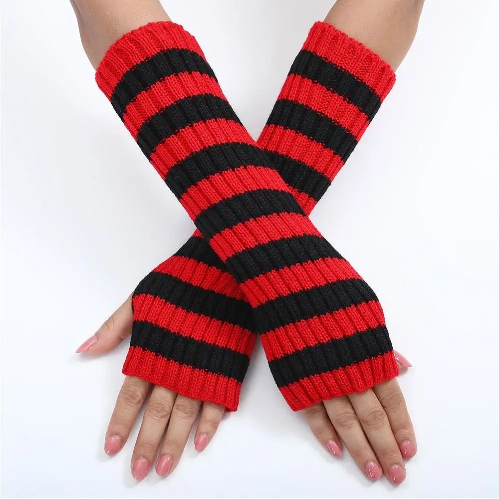 Gothic Striped Fingerless Arm Warmers - Harajuku Y2K Knit Sleeves