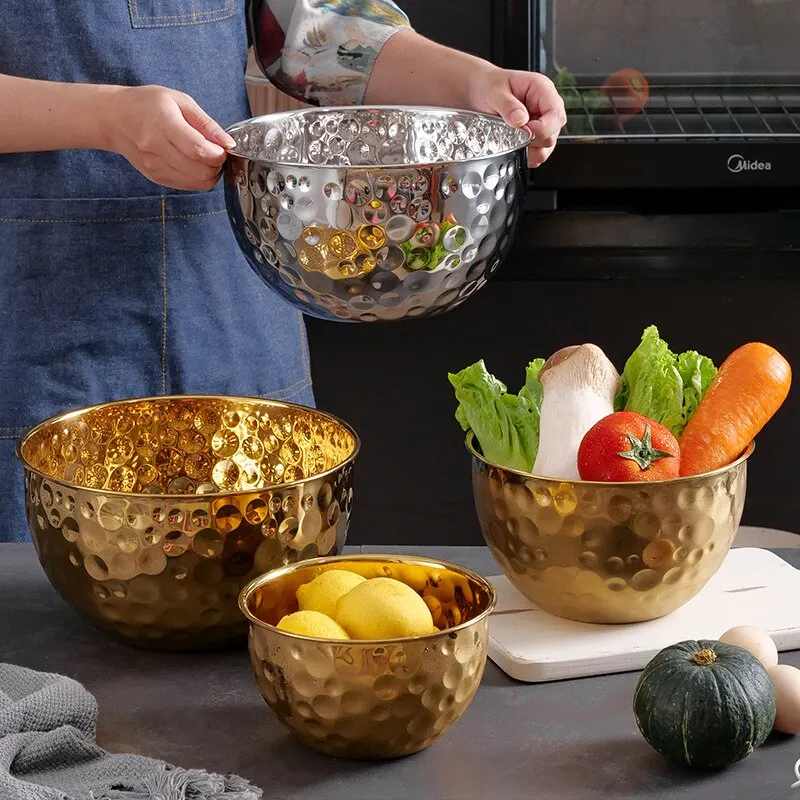 Creative Gold Stainless Steel Hammer Point Salad Plate, Mixing Cooking Bowl, Fruit Bowl, Egg Pot, Thickened Design