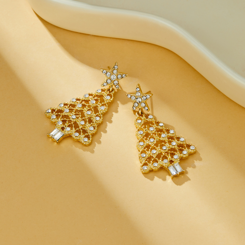 Christmas Light Luxury Shiny, New Fashion Sweet Temperament Gold, Party Jewelry for Women, Tree Pendant Earrings