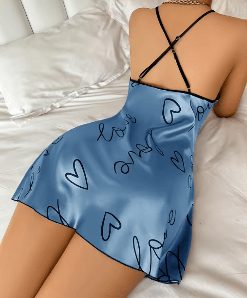 Womens Heart Letter Print Spaghetti Strap Nightdress – Casual Sleepwear Dress