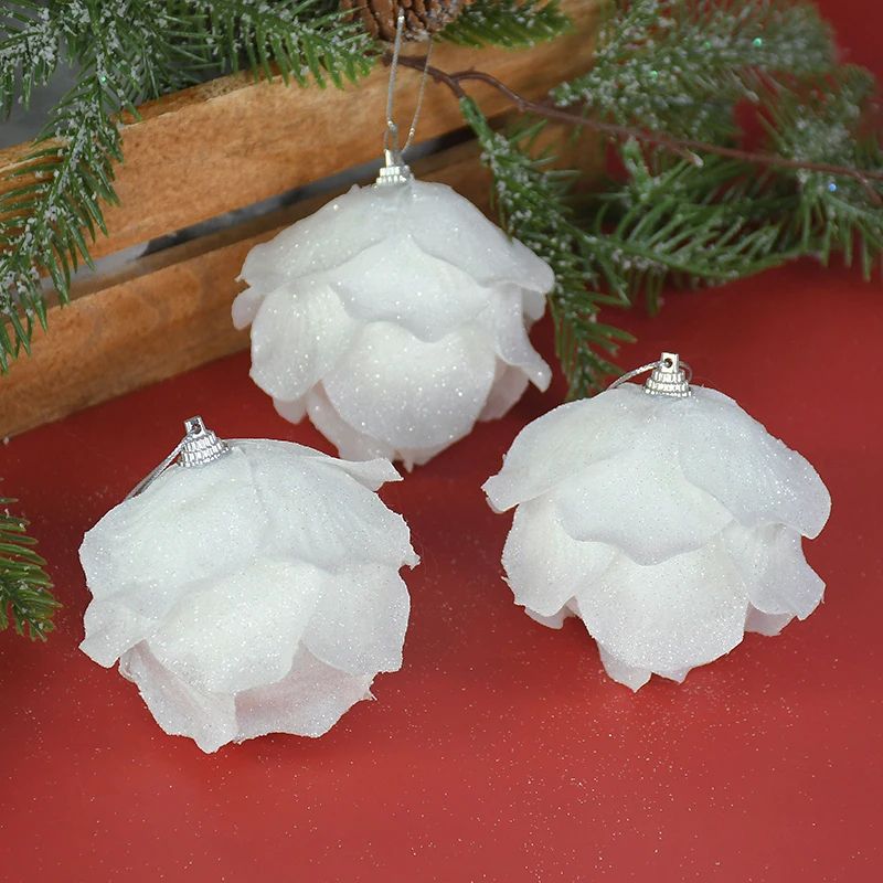 White Glitter Petal Christmas Ball Ornament Set 3pcs