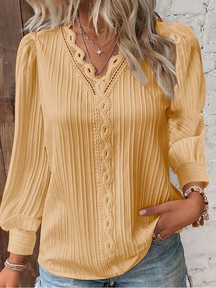 Womens Lace Stitch Pullover Chiffon V Neck Long Sleeve Blouse