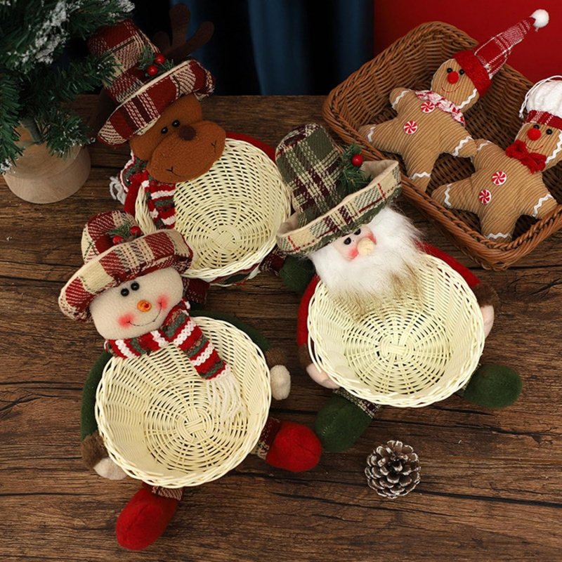Christmas Candy Basket Snowman, Woven Stand, Holiday Desktop Decor, Cute Design, Doll Decoration, Bowl Gift Box, Storage