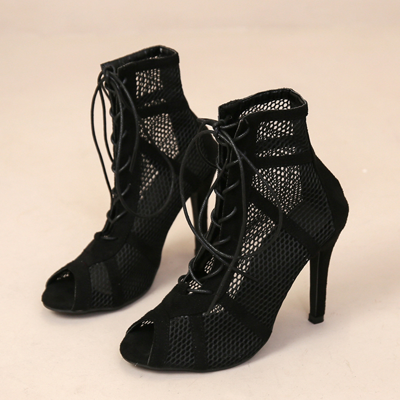 Women Summer Sexy High Heels Hollow Mesh Sandals Peep Toe Cross-tied Ankle Strap Net Heeled Dance Shoes