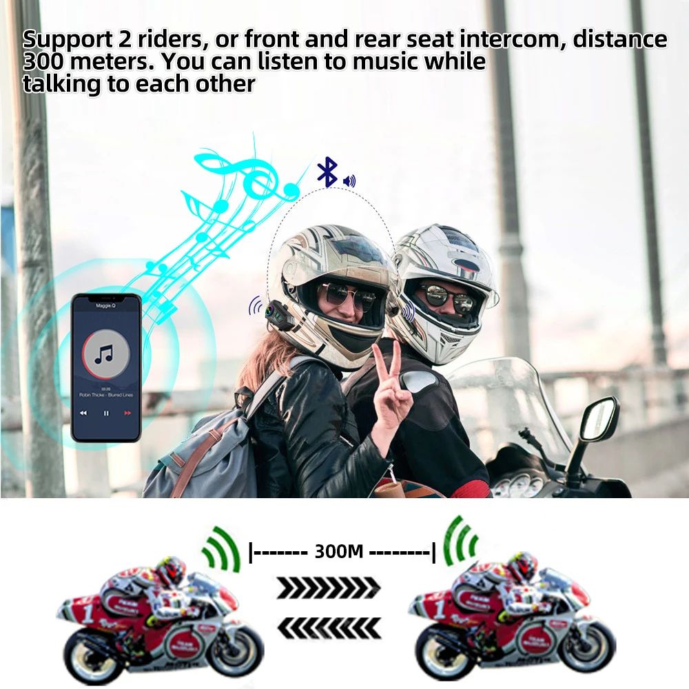 KEBIDUMEI Bluetooth Motorcycle Intercom Headset – 300m Rider-to-Rider Communication with Music Sharing