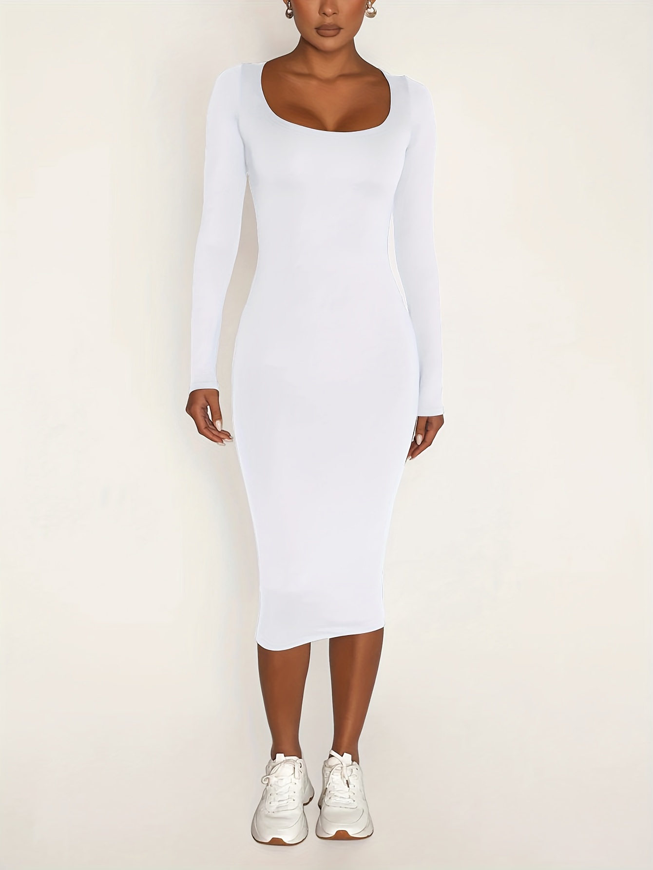 Stretch Winter Dresses Women's Long Sleeve U-Neck Bodycon Midi Jumper Dress