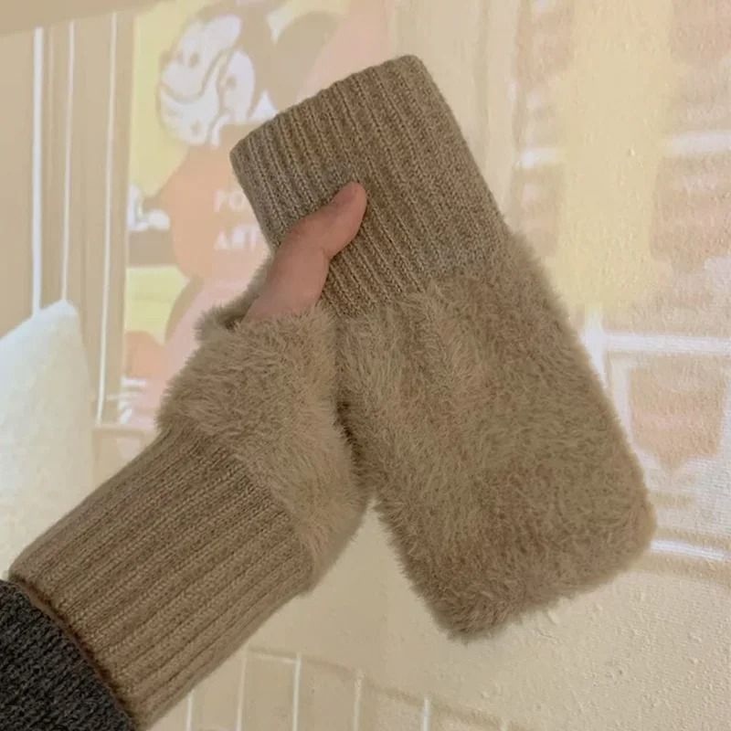 Soft Winter Half Finger Women Gloves Warm Plush Knitted Fingerless Mittens