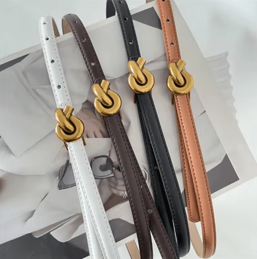 Retro Genuine Leather Knot Buckle Thin Belt for Dress and Jeans