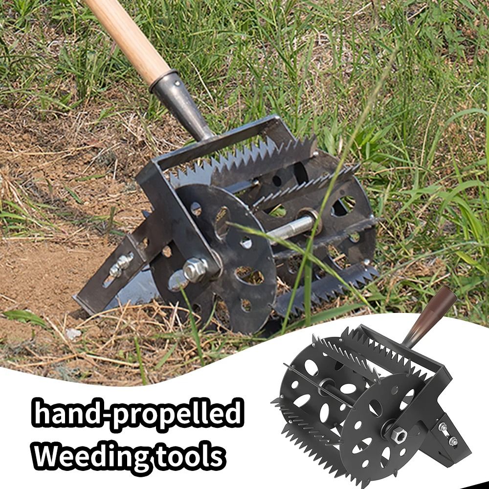 Wheeled Hand Push Garden Weeder with Saw Tooth Blade for Fast Weed Removal and Soil Loosening