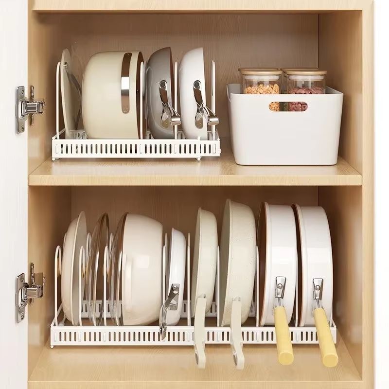 Expandable Multi-Layer Carbon Steel Pot and Pan Organizer Rack for Kitchen Storage