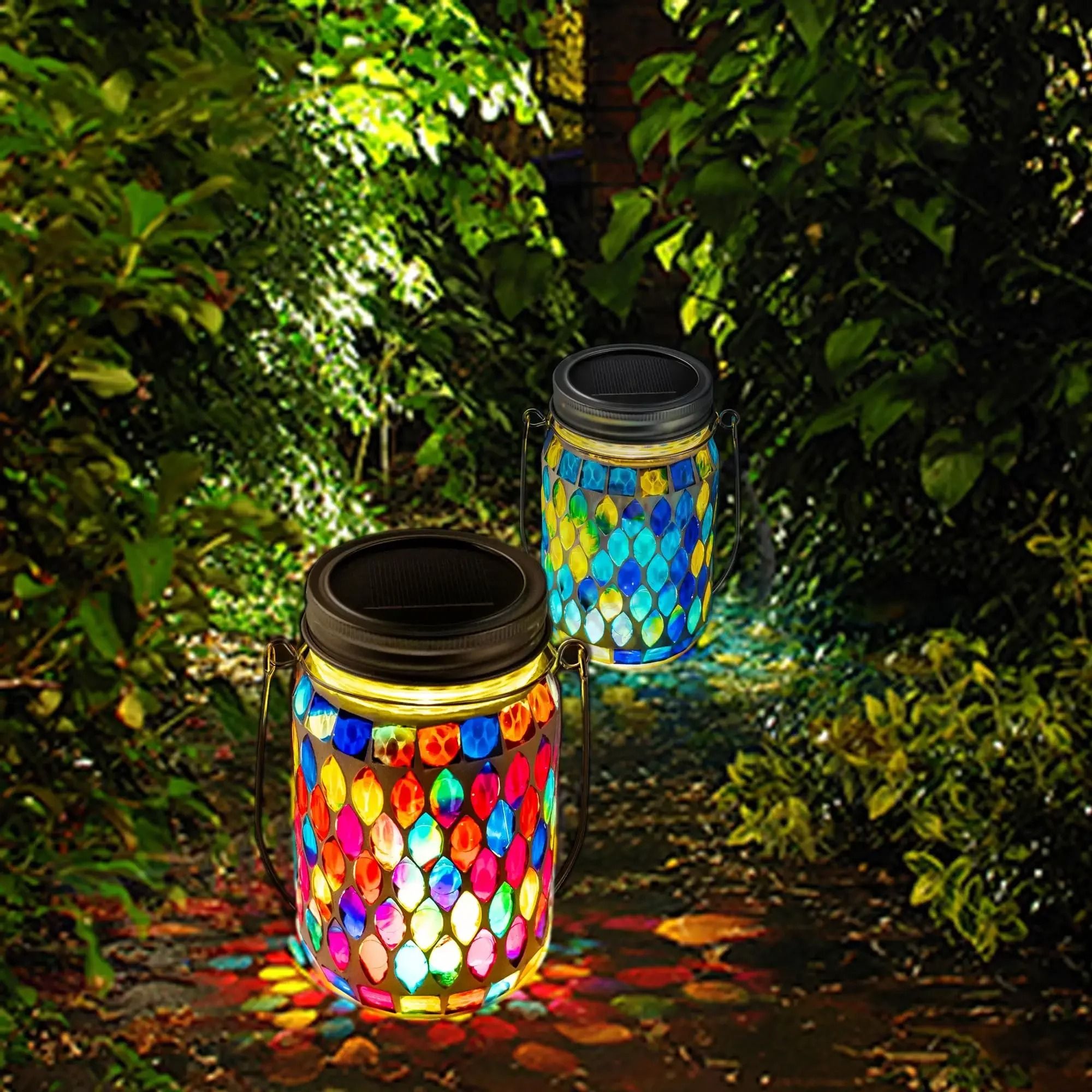 Artisanal Solar Mosaic Glass Hanging Lantern